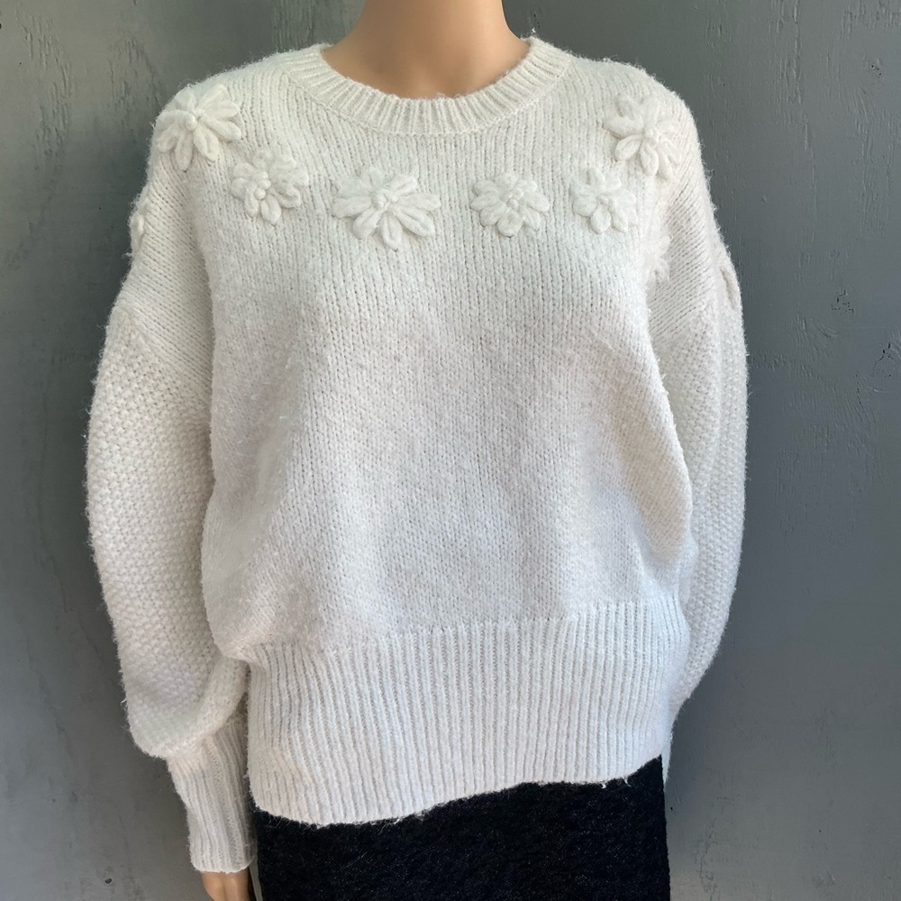 Free Assembly Women's Ivory Embroidered Flower Sweater with Long SleevesXL 16/18